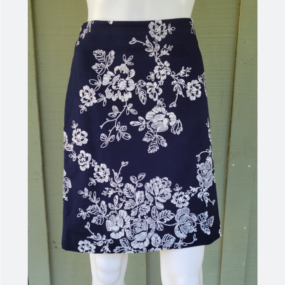 NEW Talbots Navy Blue Canvas A Line Skirt with Floral Pattern